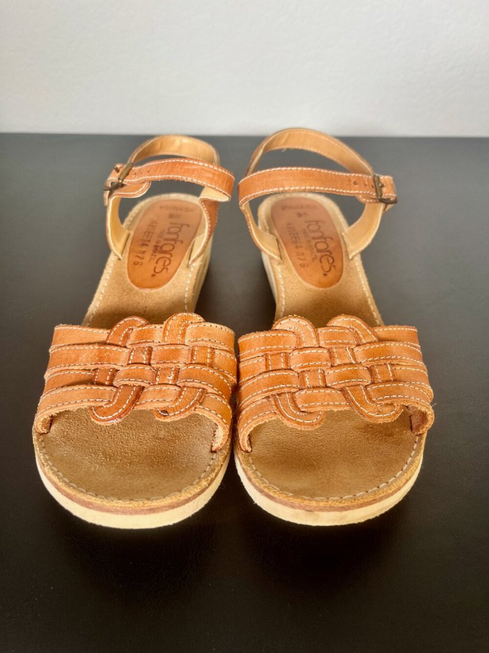 Vintage Boho 1990s Fanfares Leather Wedge Heel Platform Sandals Cognac Brown 7.5 - Picture 3 of 9